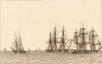 En brig seglande. Illustration till linjärperspektivet, tavla IXb av Christoffer Wilhelm Eckersberg