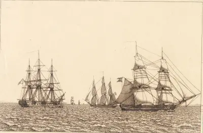 En fregatt till ankars – illustration till Linearperspectiven, Tavla IXb av Christoffer Wilhelm Eckersberg