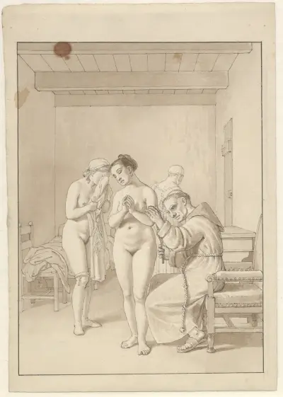 Ein Mönch, der zwei nackte Frauen bestraft von Christoffer Wilhelm Eckersberg