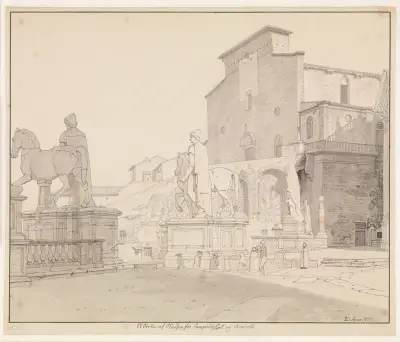 Ein Teil der Piazza del Campidoglio mit Blick auf die Balustrade mit den Dioskuren und die Kirche S Maria in Aracoeli von Christoffer Wilhelm Eckersberg