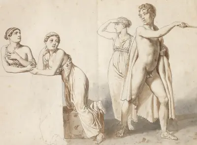 Fyra studiefigurer, tre kvinnliga och en manlig i antika dräkter av Christoffer Wilhelm Eckersberg