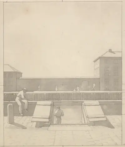 Idealprospekt von Charlottenborg und dem Gärtnerhaus des Botanischen Gartens, von der Nordseite Nyhavns aus gesehen von Christoffer Wilhelm Eckersberg
