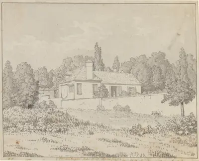 Jean Jacques Rousseaus hus i slotsparken i Ermenonville av Christoffer Wilhelm Eckersberg