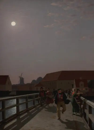Langebro, Copenhagen, in the Moonlight with Running Figures av Christoffer Wilhelm Eckersberg