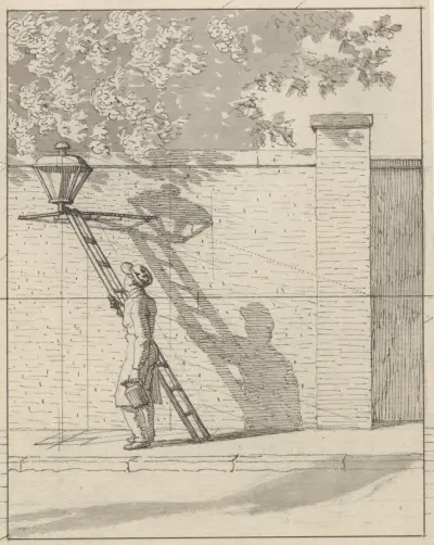 Linearperspektiven anvendt paa Malerkunsten – Tavle VI Gadelygten på parkens mur, Dagslys av Christoffer Wilhelm Eckersberg