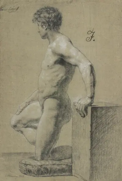 Manlig knäsittande modellfigur, profil till vänster av Christoffer Wilhelm Eckersberg