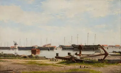 Parti av Nyholm med kranen och några krigsskepp av Christoffer Wilhelm Eckersberg