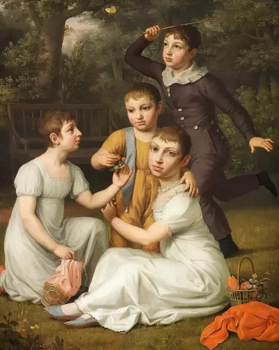Porträtt av kammarherre, plantageägare och viceguvernör i Västindien Søbøtkers fyra barn, målade i Hummeltofte trädgård av Christoffer Wilhelm Eckersberg