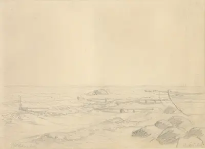 Strandparti med vågor som slår in mot sten och en badbrygga av Christoffer Wilhelm Eckersberg