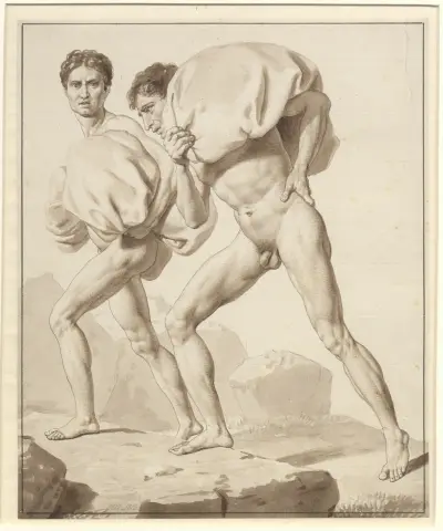 Studie av två nakna män, belastade med bördor, på väg uppför ett berg av Christoffer Wilhelm Eckersberg
