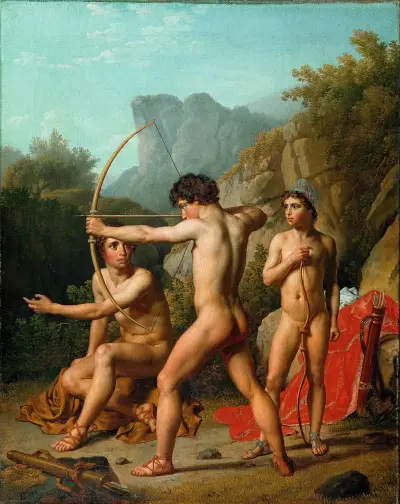 Tre spartanska pojkar övar bågskytte av Christoffer Wilhelm Eckersberg