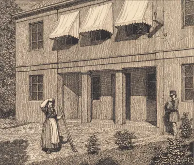 Udenfor en villa Illustration til Linearperspectiven , Tavle V av Christoffer Wilhelm Eckersberg