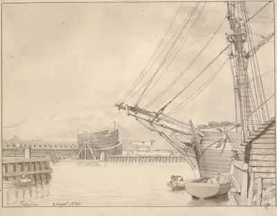 Blick von Wilders Plads auf Christianshavn auf Gammelholm mit der Reberbanen und der Fregattenwerft von Christoffer Wilhelm Eckersberg