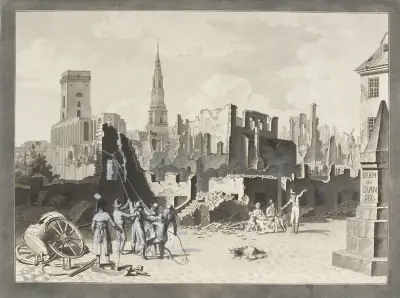 Ulfeldts Plads, heute Gråbrødretorv, nach dem Bombardement der Engländer im September 1807 von Christoffer Wilhelm Eckersberg