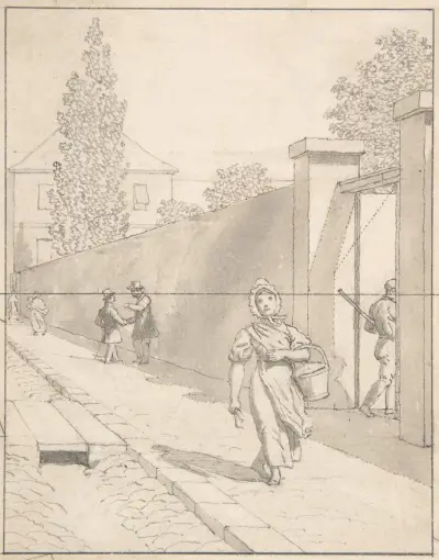 Vy över Charlottenborgs slott i Köpenhamn med den gamla botaniska trädgården och figurer av Christoffer Wilhelm Eckersberg