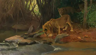 Löwen am Urwaldbach av Wilhelm Kuhnert