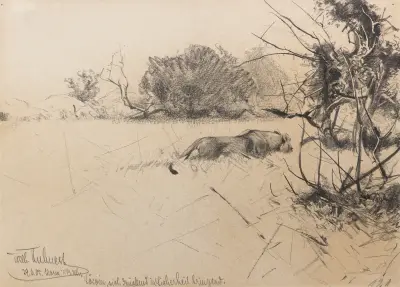 Löwin, sich drückend in Sicherheit bringend av Wilhelm Kuhnert