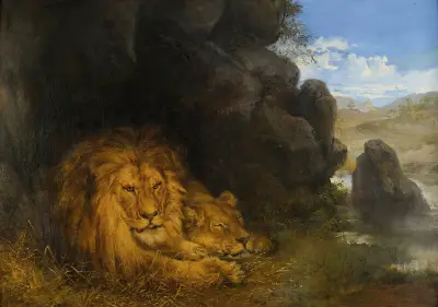 Två lejon i en grotta av Wilhelm Kuhnert