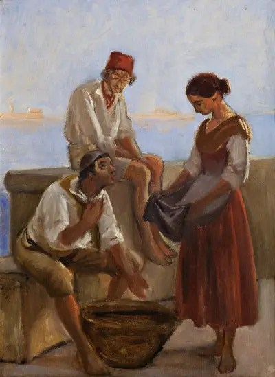 Ein junges Mädchen und zwei Fischer von Wilhelm Marstrand