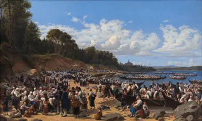Church-Goers Arriving By Boat At The Parish Church Of Leksand On Siljan Lake, Sweden av Wilhelm Marstrand