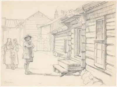 Straße in Orsa, Dalarna – mit zwei Frauen, einem Kind und einem Mann von Wilhelm Marstrand