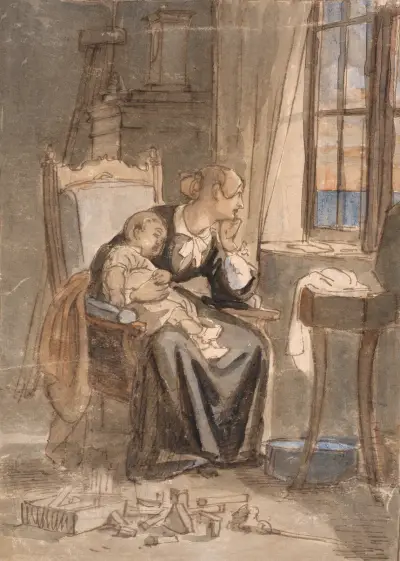 In der Dämmerung. Frau Marstrand mit dem Sohn Poul von Wilhelm Marstrand