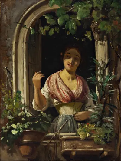 Italienische Frau, die aus einem Fenster winkt von Wilhelm Marstrand