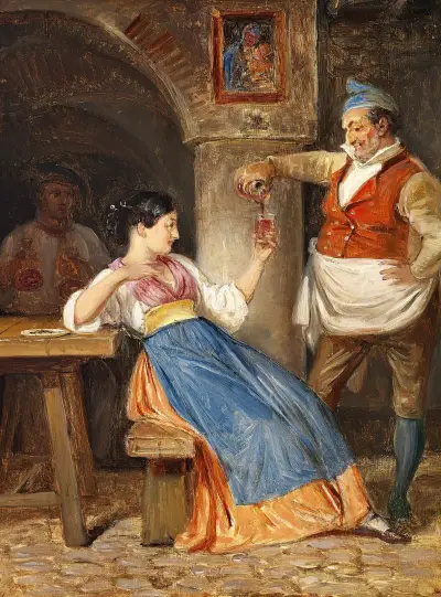 Der Wirt schenkt einer jungen Italienerin Rotwein ein von Wilhelm Marstrand