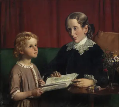 Fräulein Annette Hage (1814–1857) zeigt ihrem Neffen Hother Hage (1849–1904) ein Buch über Pflanzen von Wilhelm Marstrand