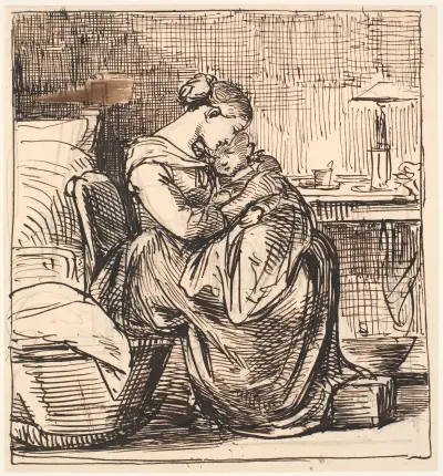 Mutter mit schlafendem Kind auf dem Schoß im Schlafzimmer von Wilhelm Marstrand