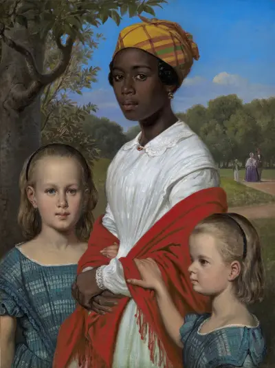 Porträt von Otto Marstrands zwei Töchtern und ihrer westindischen Kinderfrau Justina Antoine im Frederiksberg-Park bei Kopenhagen von Wilhelm Marstrand