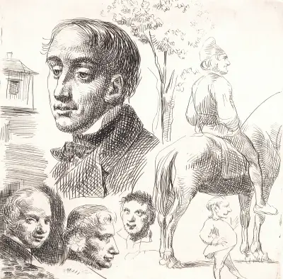 Probedruck in Stylografie mit Porträtköpfen, Bauer zu Pferd u. a. von Wilhelm Marstrand