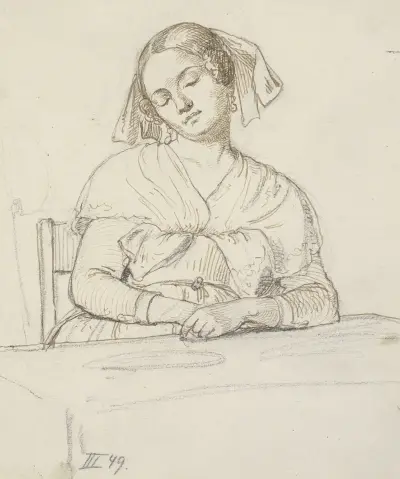 Schlafende Frau, an einem Tisch sitzend von Wilhelm Marstrand