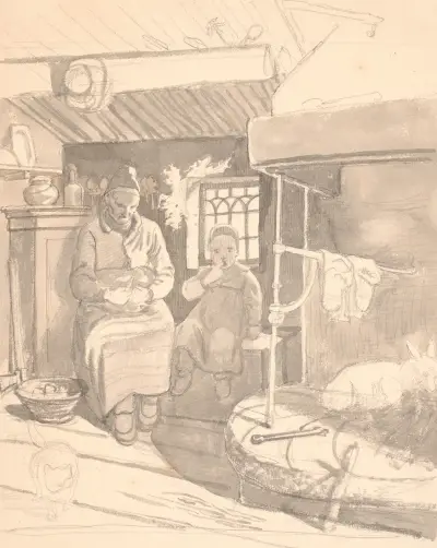 Schwedische Bauernstube mit alter Frau und Kind von Wilhelm Marstrand