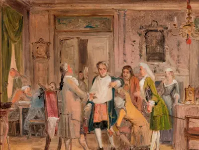 Vielgeschrey’s hardships, scene from L. Holberg’s ‘Den stundesløse,’ Act 1, Scene 6 (sketch) av Wilhelm Marstrand