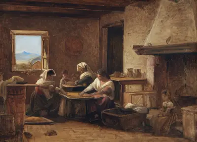 Women Working in the Kitchen of a Farmhouse near Olevano, Italy av Wilhelm Marstrand