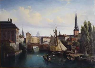 View of the Riddarholmskanalen, Stockholm, 1835 av Gustaf Wilhelm Palm