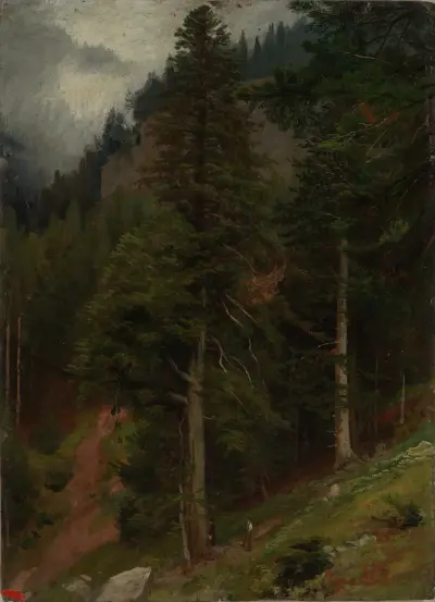 Sluttning i granskog av Johann Wilhelm Schirmer