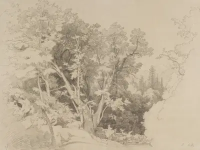 Grupp av träd med kluvet träd av Johann Wilhelm Schirmer