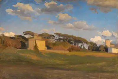 Casina di Raffaello och ett utsiktstorn i Villa Borgheses park av Johann Wilhelm Schirmer