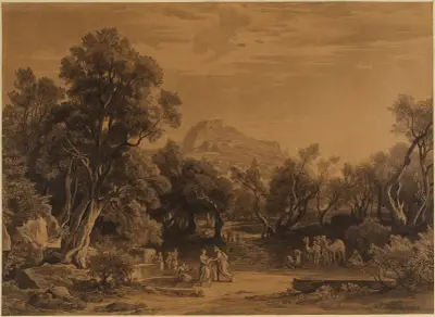 Elieser och Rebecka vid brunnen (1 Mos 24:17–18) av Johann Wilhelm Schirmer