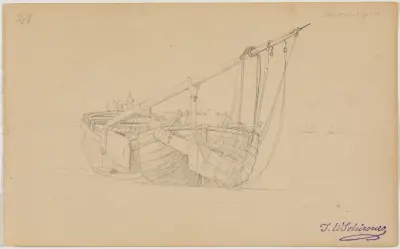 Fiskebåt på stranden vid Scheveningen, blad 21 av Johann Wilhelm Schirmer