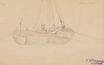Fiskebåt på stranden vid Scheveningen, blad 29 av Johann Wilhelm Schirmer