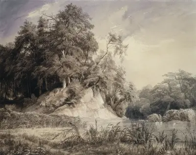 Skogslandskap med sjö och svanar av Johann Wilhelm Schirmer