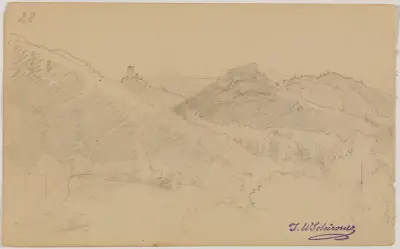Bergslandskap med borg, fol. 28 av Johann Wilhelm Schirmer