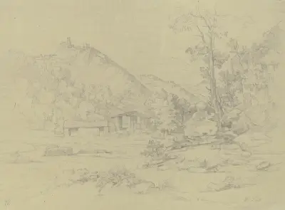 Gebirgspartie mit Ruinen auf den Bergen, vorn ein Wasser mit einigen Hütten av Johann Wilhelm Schirmer