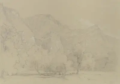 Gebirgszug mit Burgruine und Besiedlung av Johann Wilhelm Schirmer