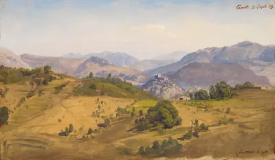 Landskap vid Civitella med utsikt mot norr mot Rocca Canterano av Johann Wilhelm Schirmer