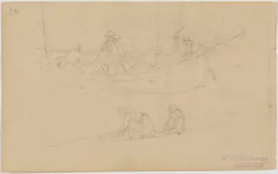 Män i båt, två kvinnor på stranden (Scheveningen) av Johann Wilhelm Schirmer