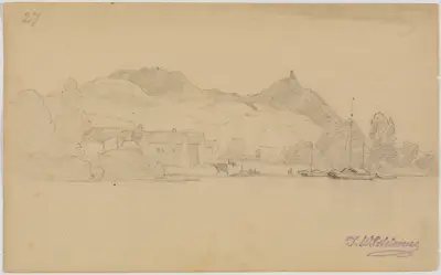Rýnská krajina s domy a čluny, fol. 27, Johann Wilhelm Schirmer